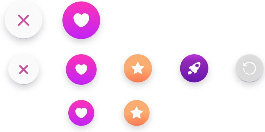 The kit’s reaction buttons: pass, like, super like, boost and rewind, in two sizes