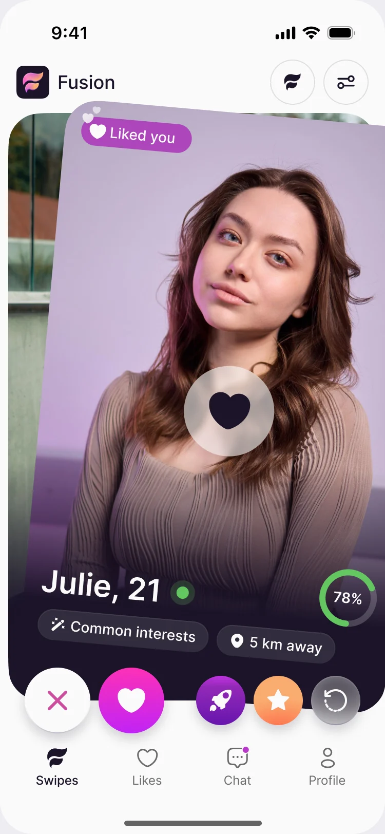 A like on the discovery card: a heart over Julie’s blurred photo