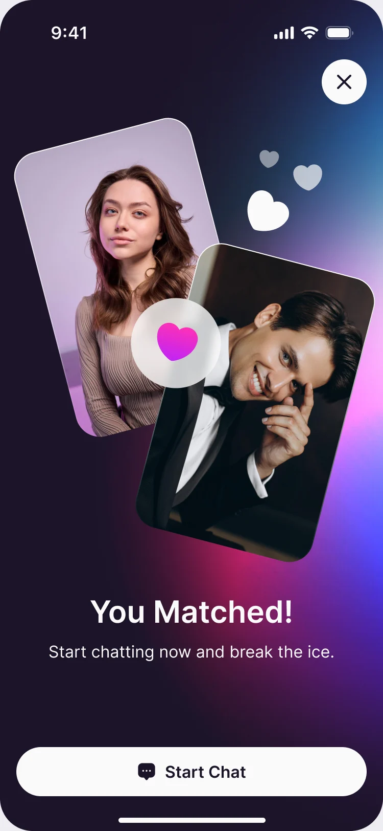 You Matched: two profile photos with a heart, Start chatting now and break the ice, and Start Chat