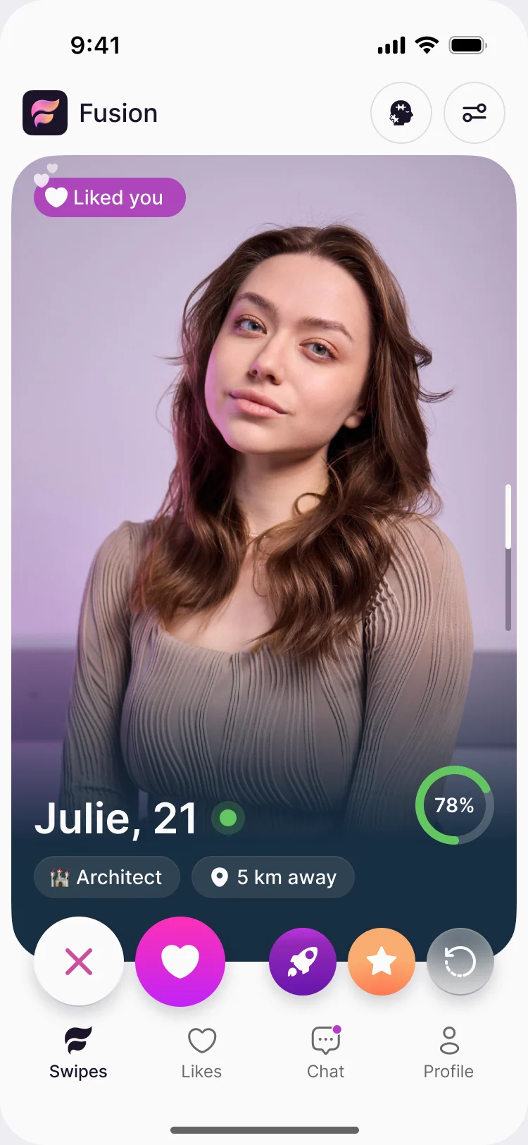 Discovery card in MBTI mode: Julie, 21 with a 78% ring and the type Architect