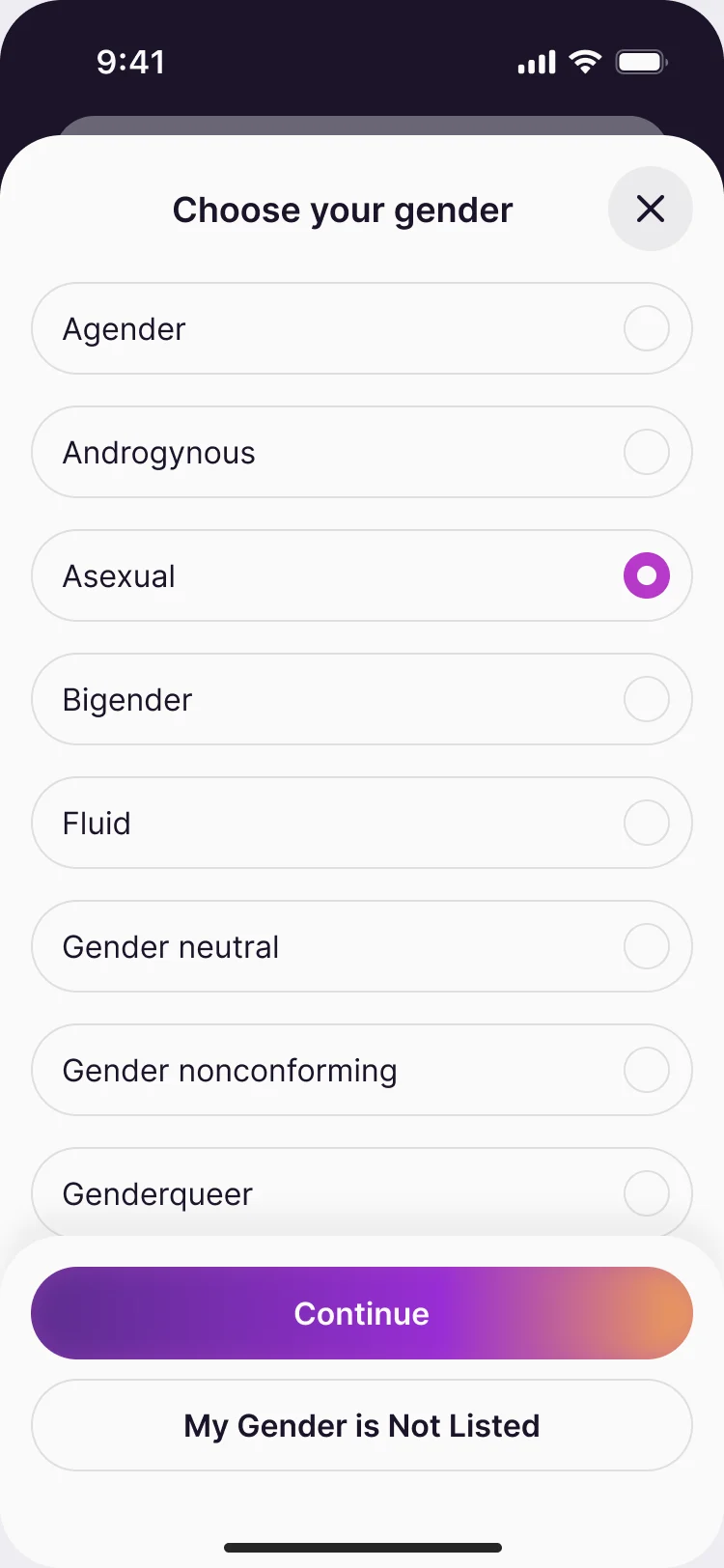 Choose your gender: a list from Agender to Genderqueer with one selected, Continue, and My Gender is Not Listed