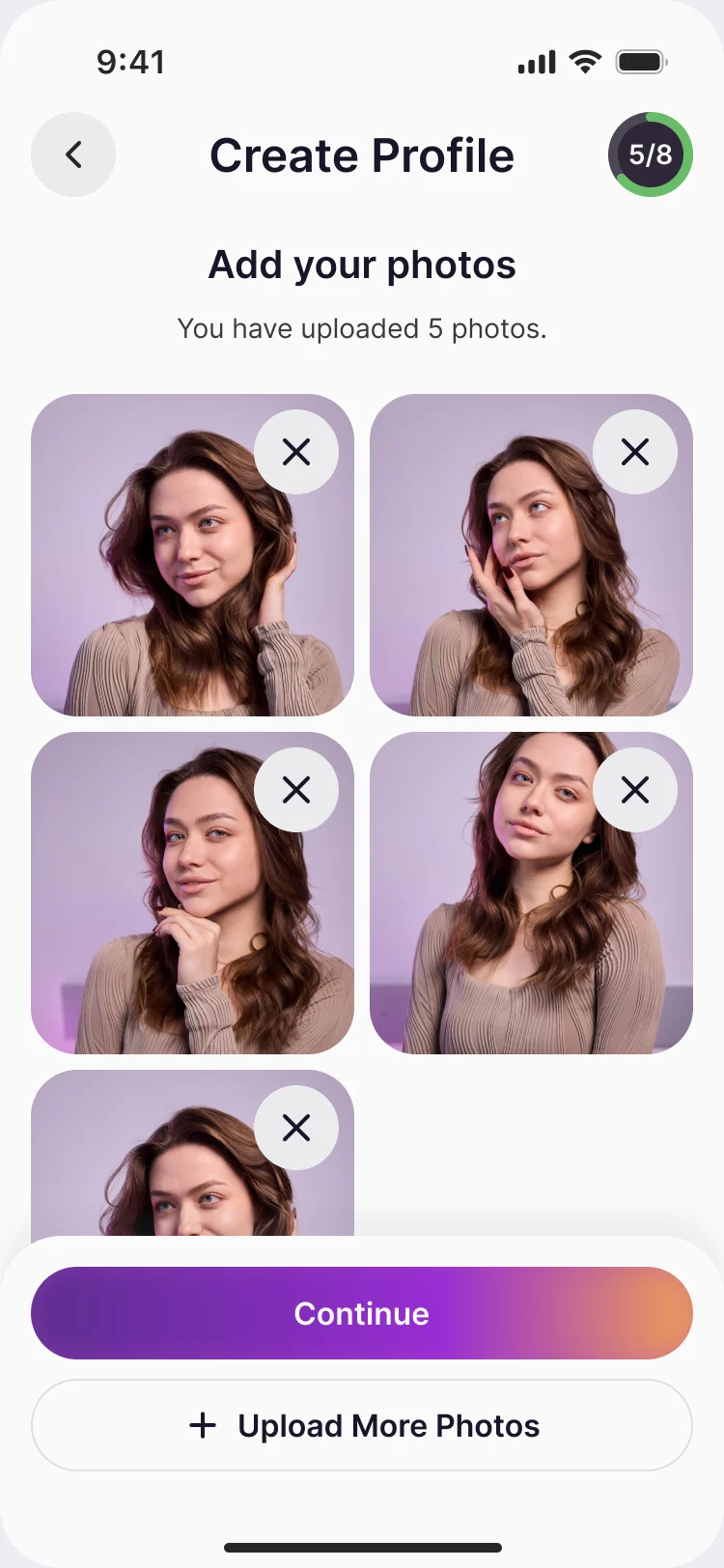 Add your photos, step 5 of 8: five uploaded photos, each with a remove button, Continue and Upload More Photos