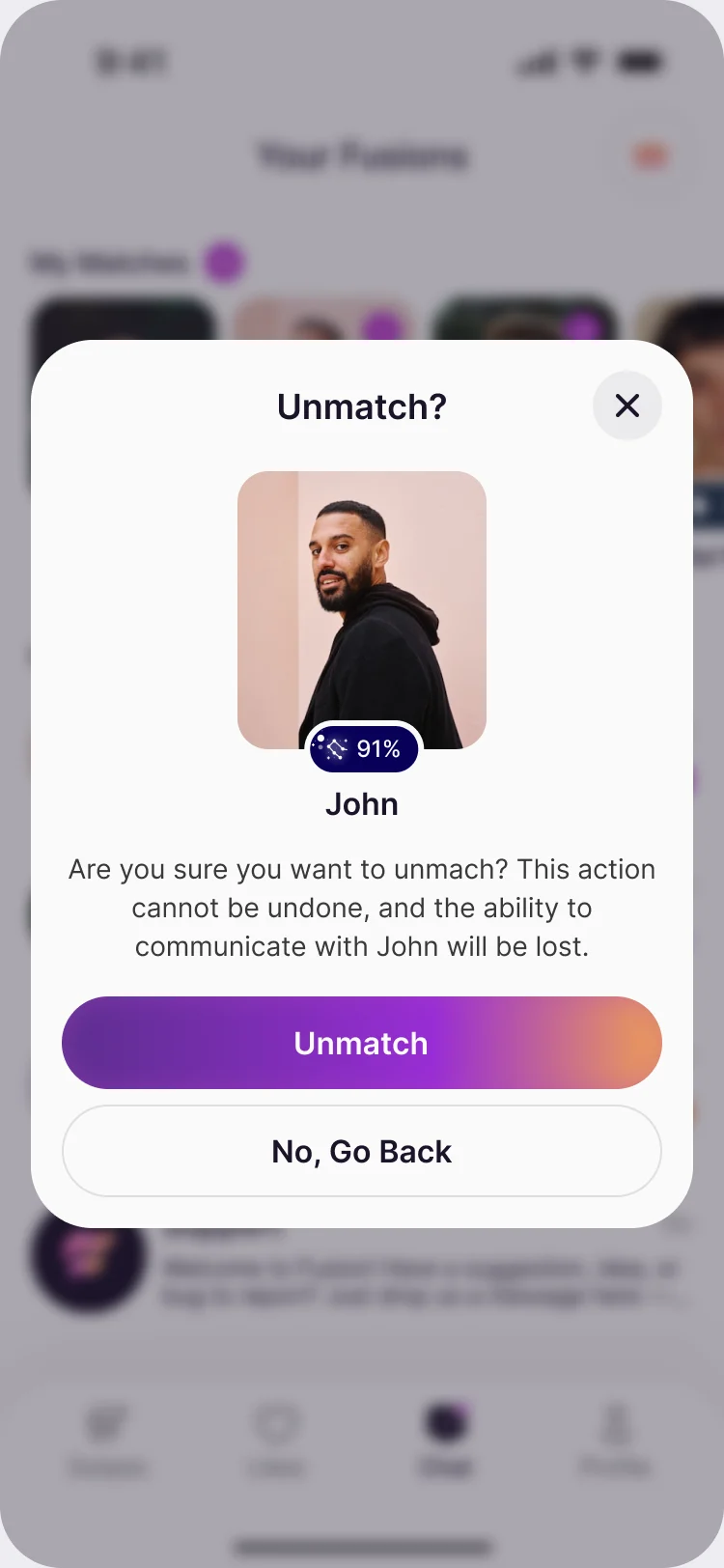 Unmatch dialog: John, and a warning that the action cannot be undone, with Unmatch and No, Go Back