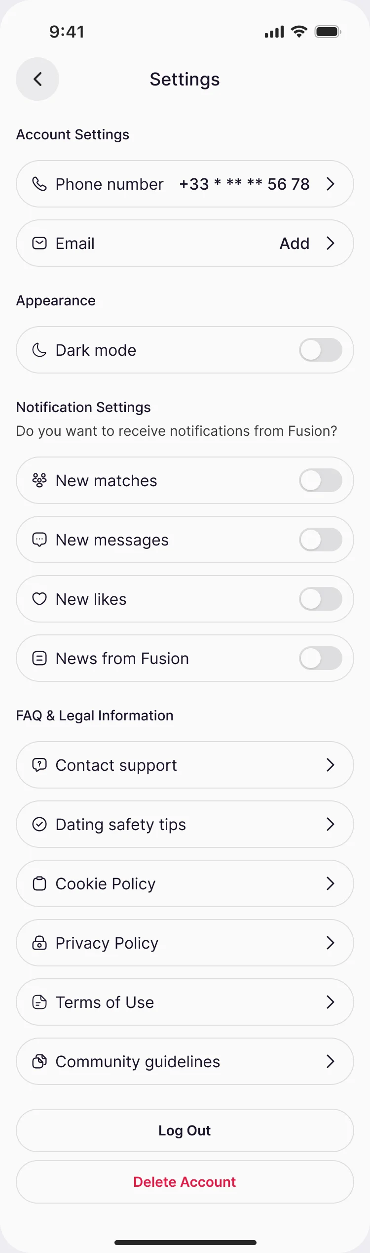 Settings in light mode: account, dark mode switch, notifications, FAQ and legal links, Log Out and Delete Account