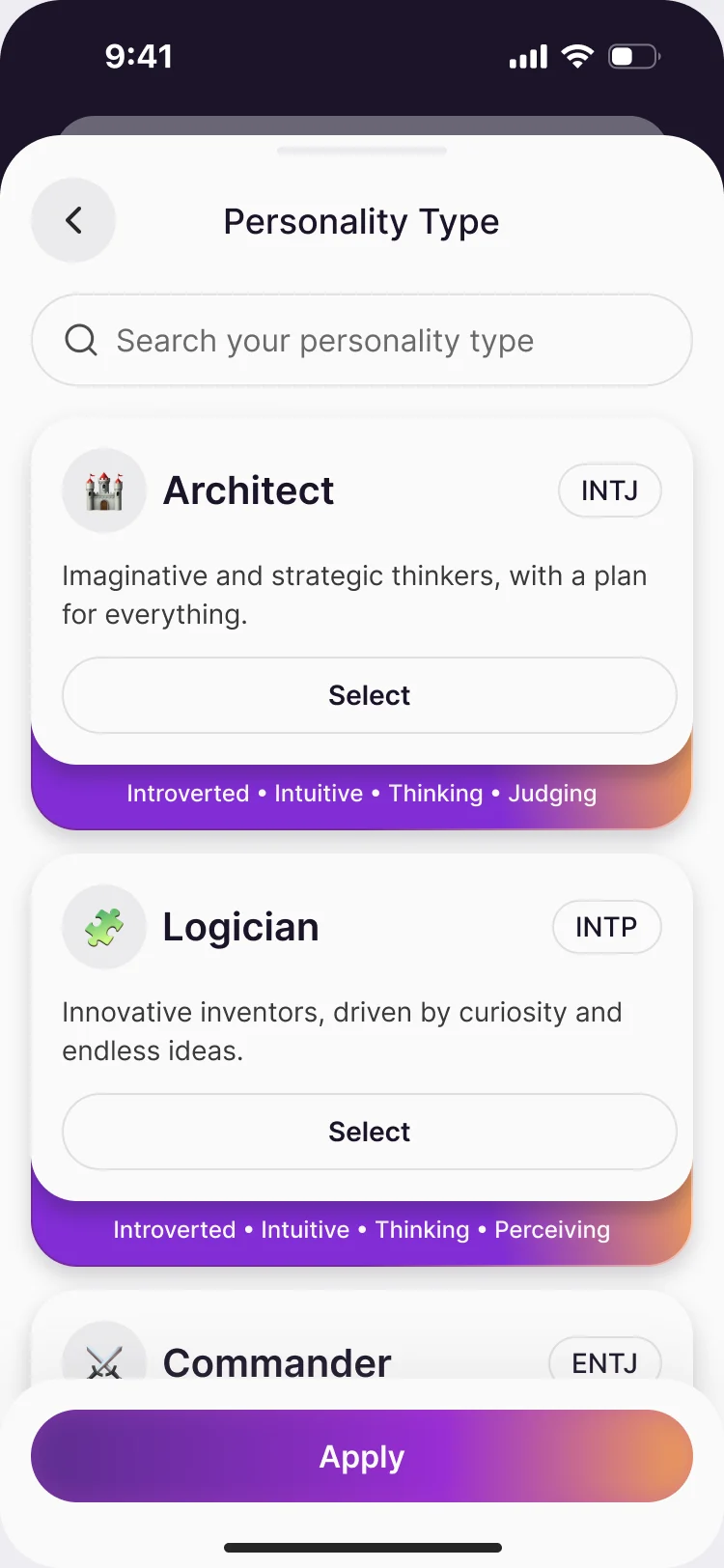 Personality Type filter sheet: the type cards with Architect selected and Save and Close