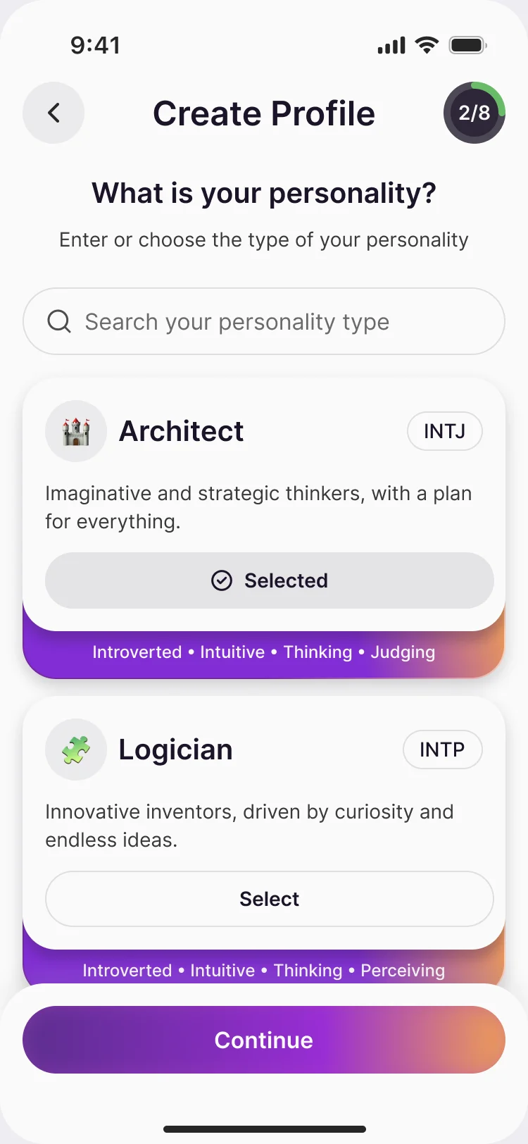 What is your personality: a search field and type cards, Architect selected, Logician, each with its four traits