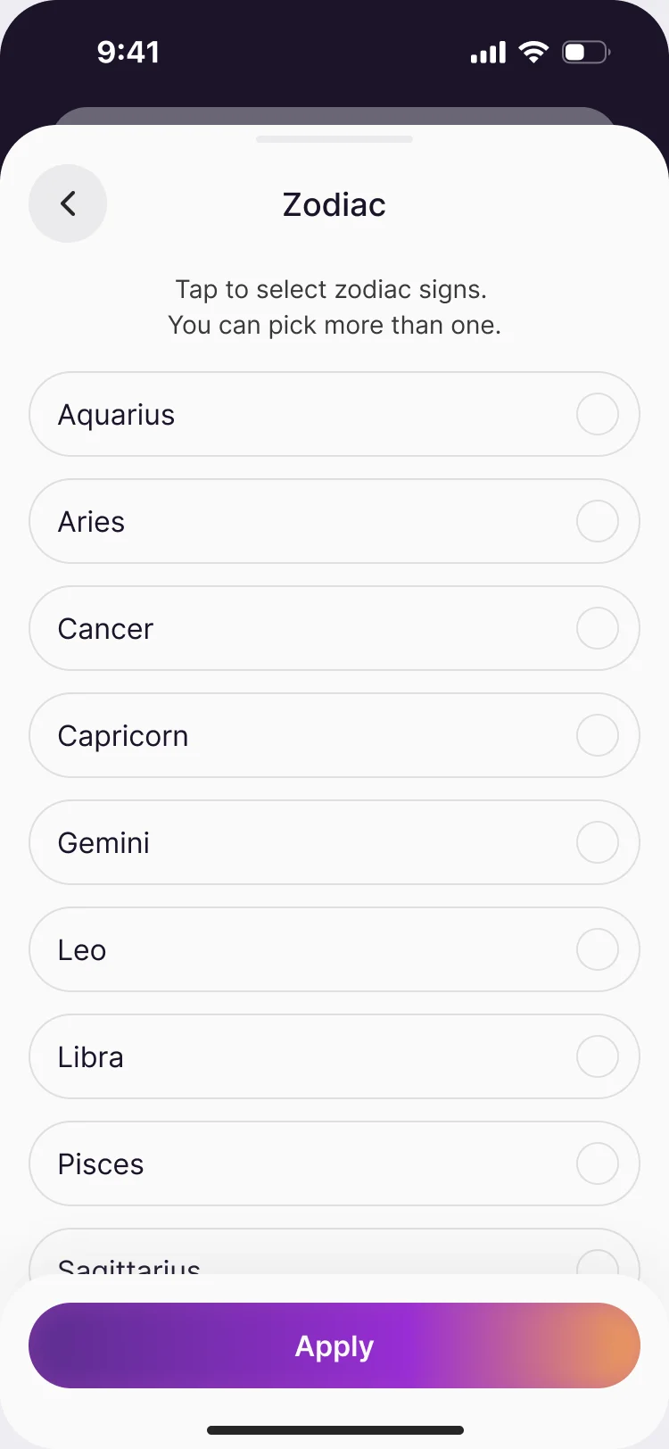 Zodiac filter: a list of signs from Aquarius on, with a note that more than one can be picked, and Apply