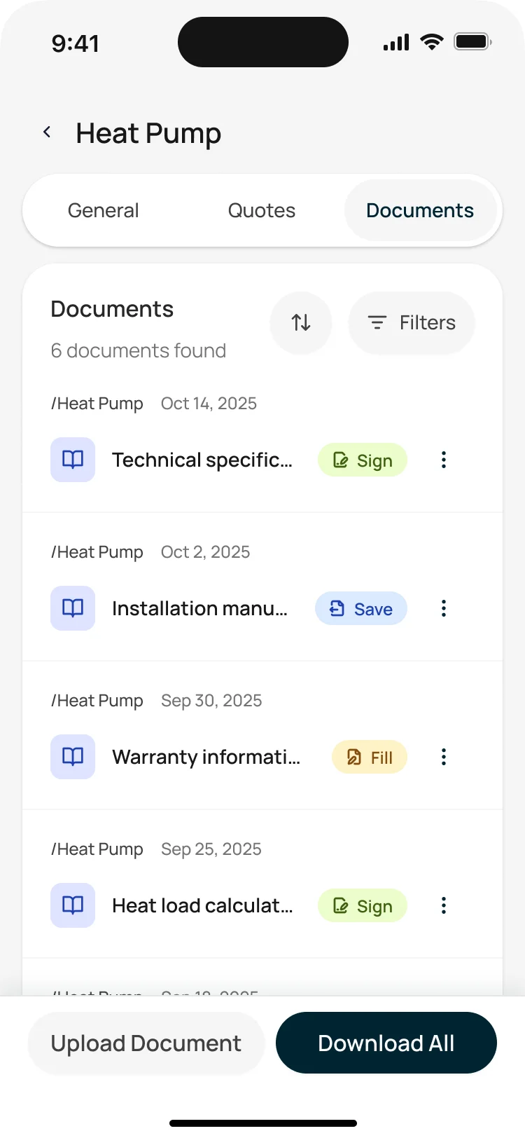 The documents tab of a heat-pump project on a phone: specifications, heat-load calculation, manuals and warranty papers, each to sign, save or fill in
