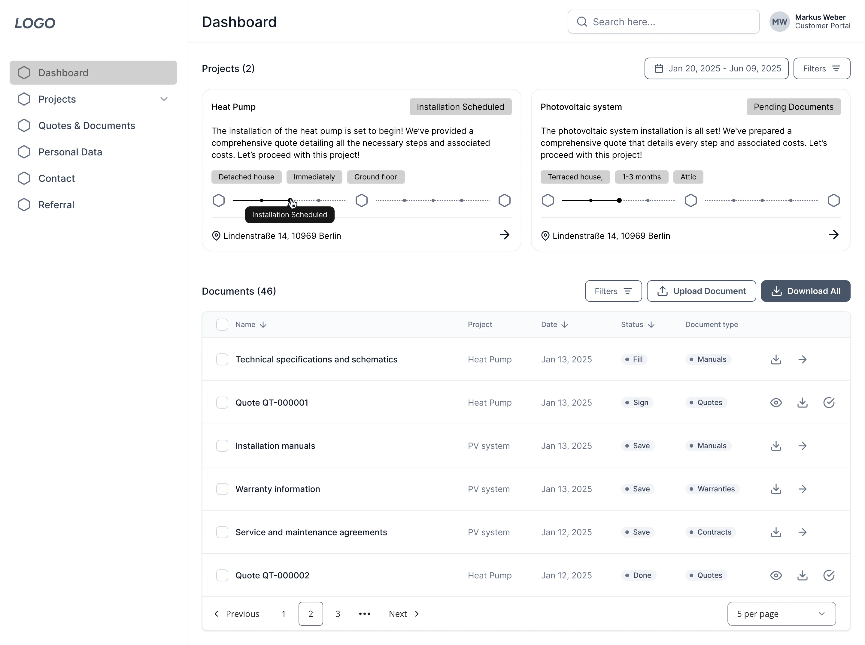 A grey wireframe of the portal dashboard: two project cards with their progress steps above a documents table with filters and pages