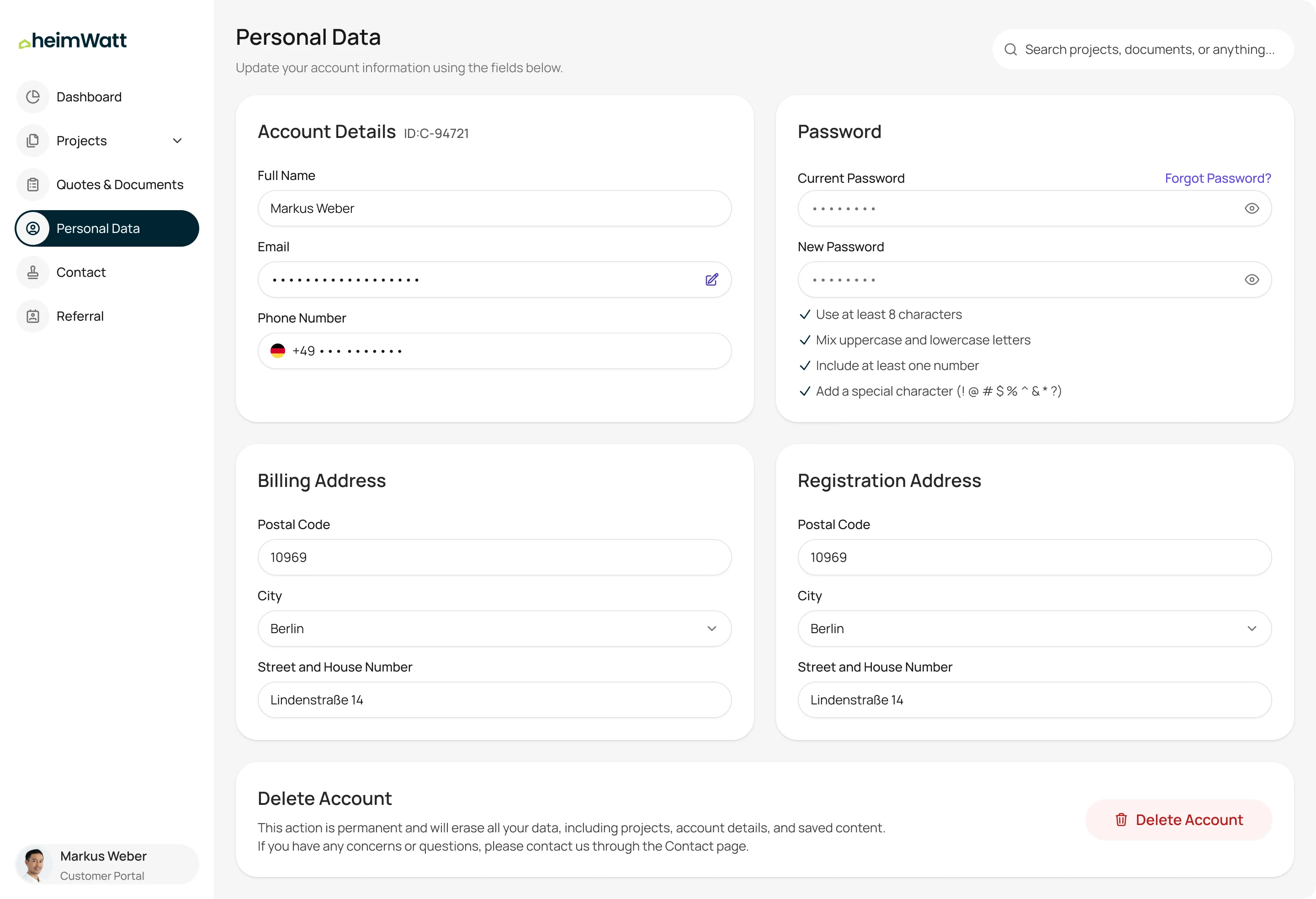 The Personal Data page: account details, password rules, billing and registration addresses, and deleting the account