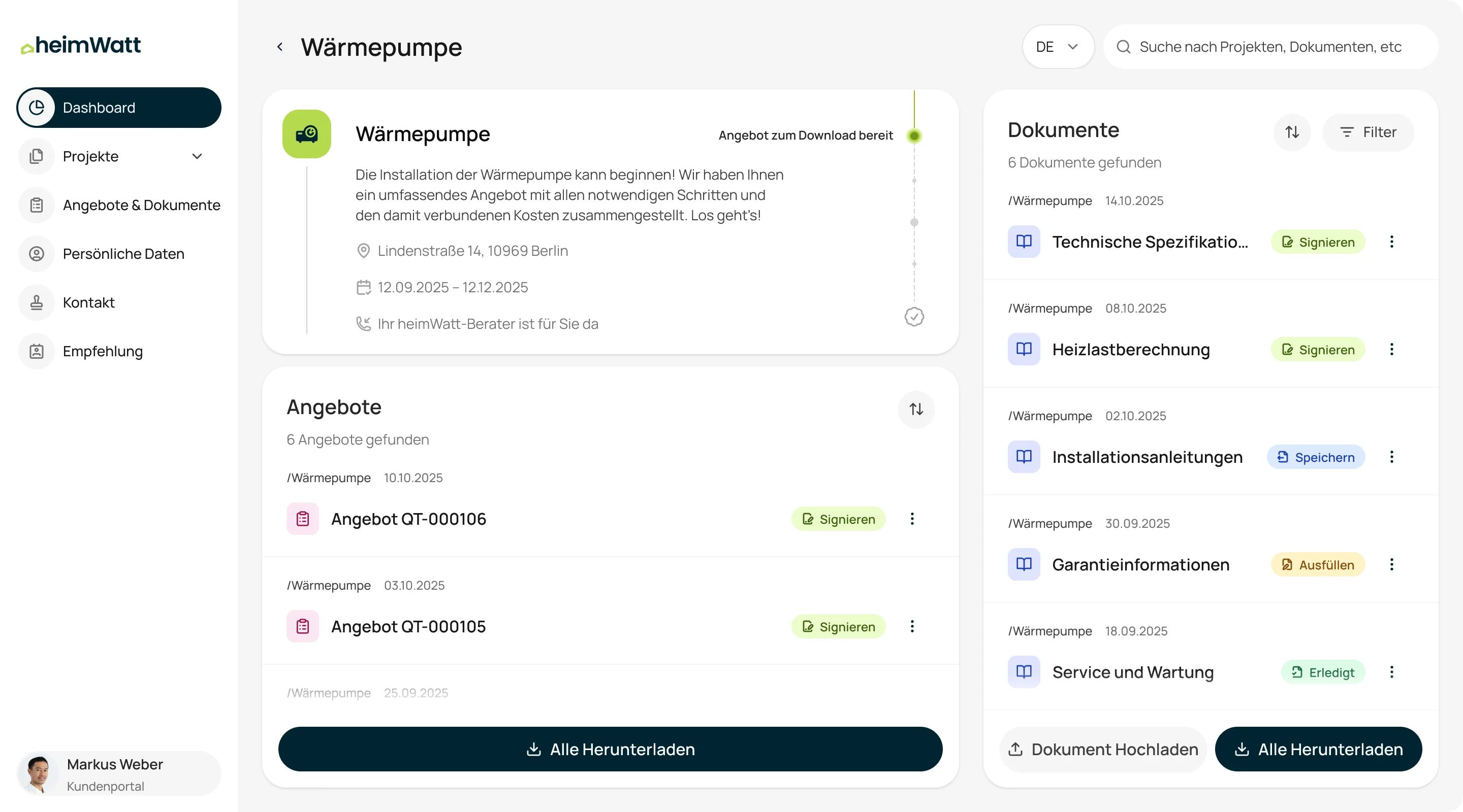 A heat-pump project page in German: the project’s status and dates at the top left, its quotes below and its documents on the right