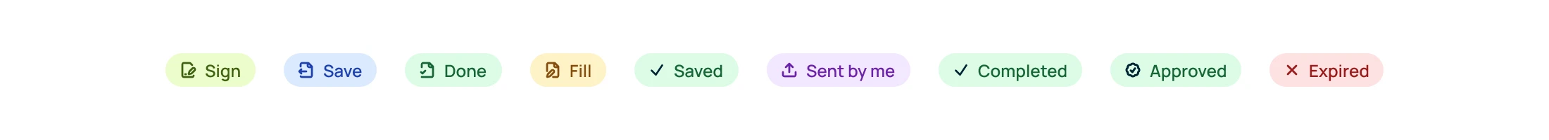 Status badges: Sign, Save, Done, Fill, Saved, Sent by me, Completed, Approved and Expired, each with its own colour and icon