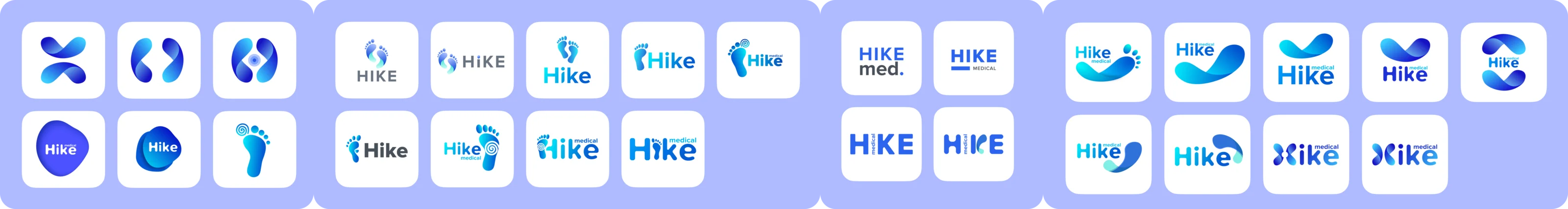 Directions of Hike logos on app-icon tiles: abstract symbols, footprints with the wordmark, bold wordmarks, and gradient waves with the wordmark