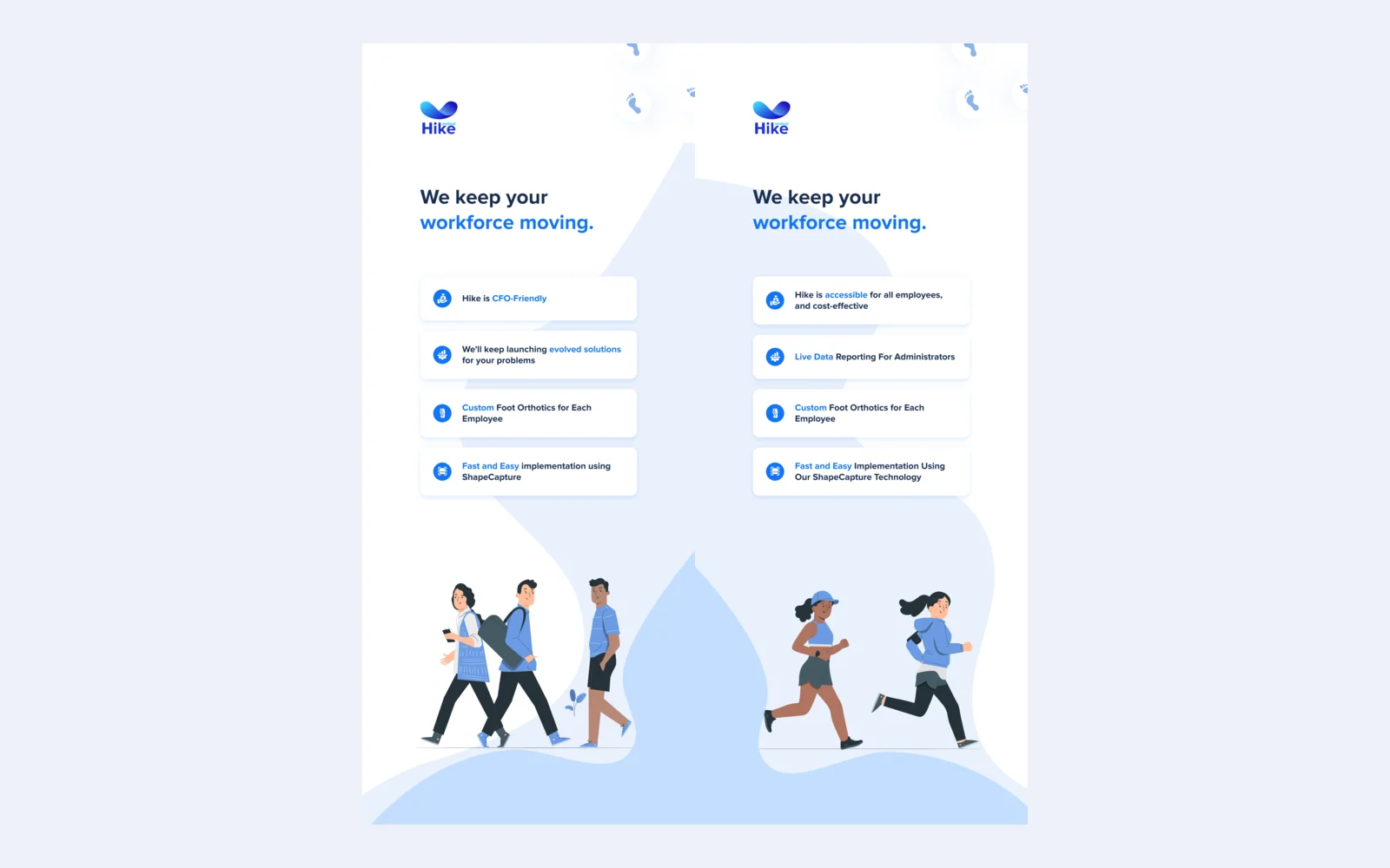 Two Hike roll-up banners: We keep your workforce moving with the offer in cards, and illustrated people walking and running