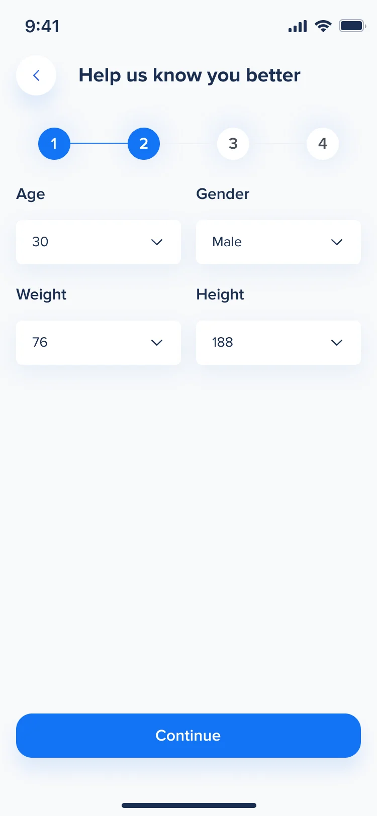 Hike form step 2 of 4: age, gender, weight and height chosen from pickers