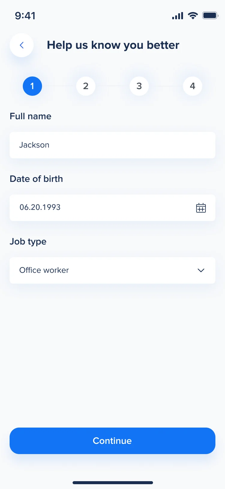 Hike form step 1 of 4: full name, date of birth and job type filled in, and Continue