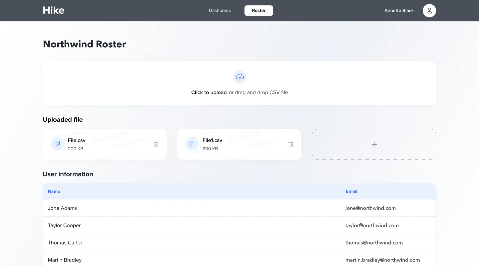 Hike HR admin roster: Dashboard and Roster in the header, a CSV upload area, two uploaded files and the employees with their emails