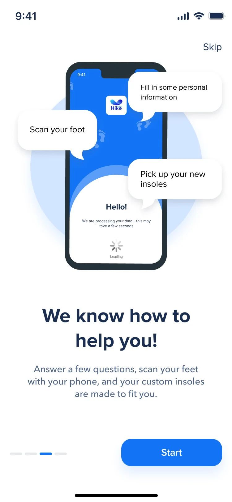 Hike intro screen: a phone with three bubbles, fill in some personal information, scan your foot, pick up your new insoles, and Start