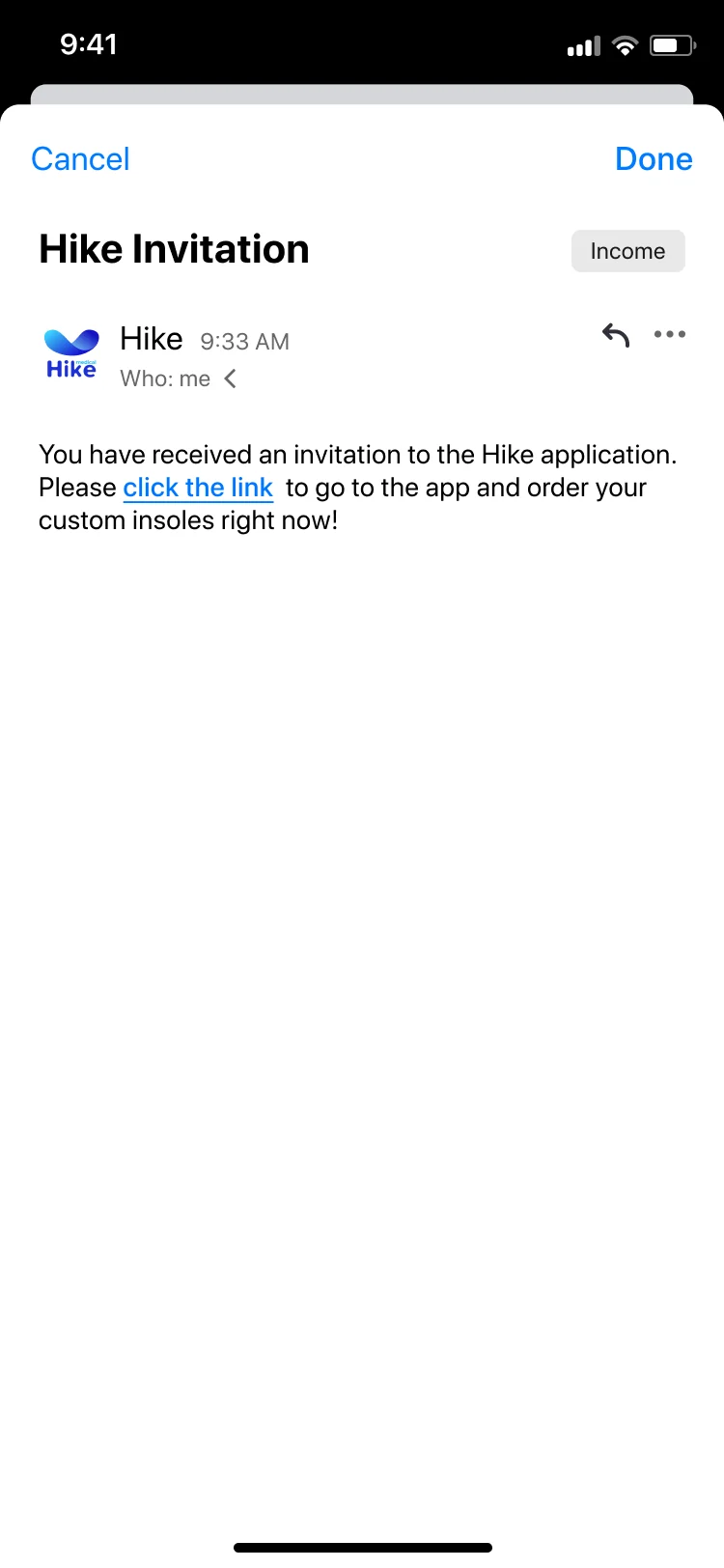 Hike invitation email on a phone: you have received an invitation to the Hike application, with a link to the app to order custom insoles