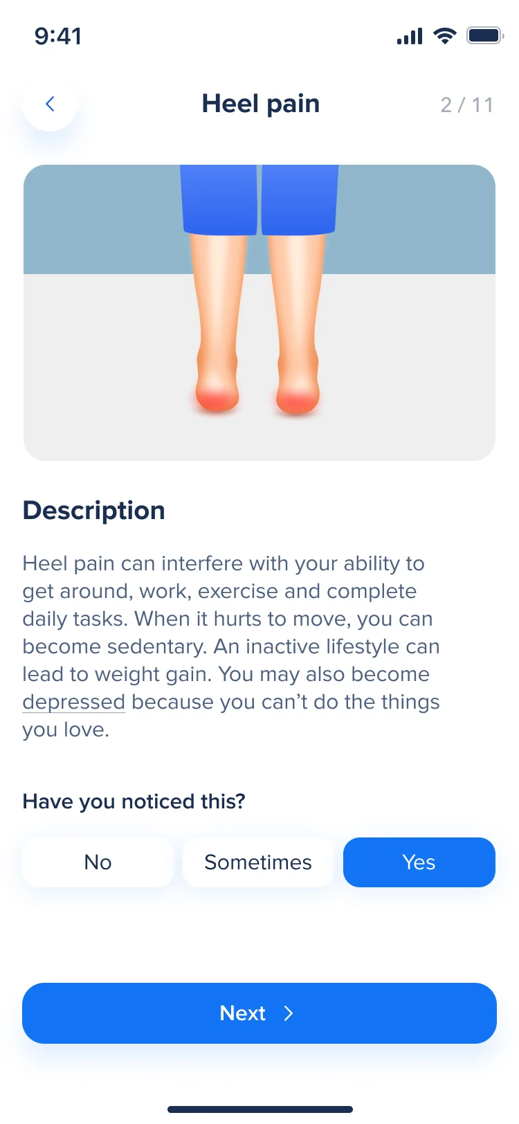 Hike pain question 2 of 11, heel pain: feet with the heels marked red, a description, and Yes selected