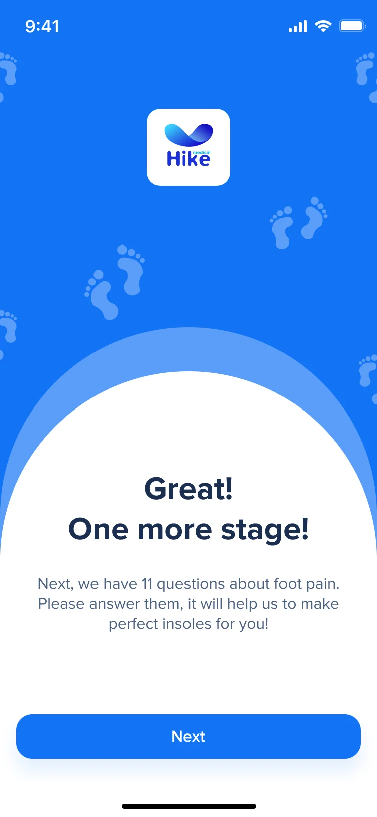 Hike break screen on blue: Great! One more stage!, eleven questions about foot pain to make the right insoles, and Next