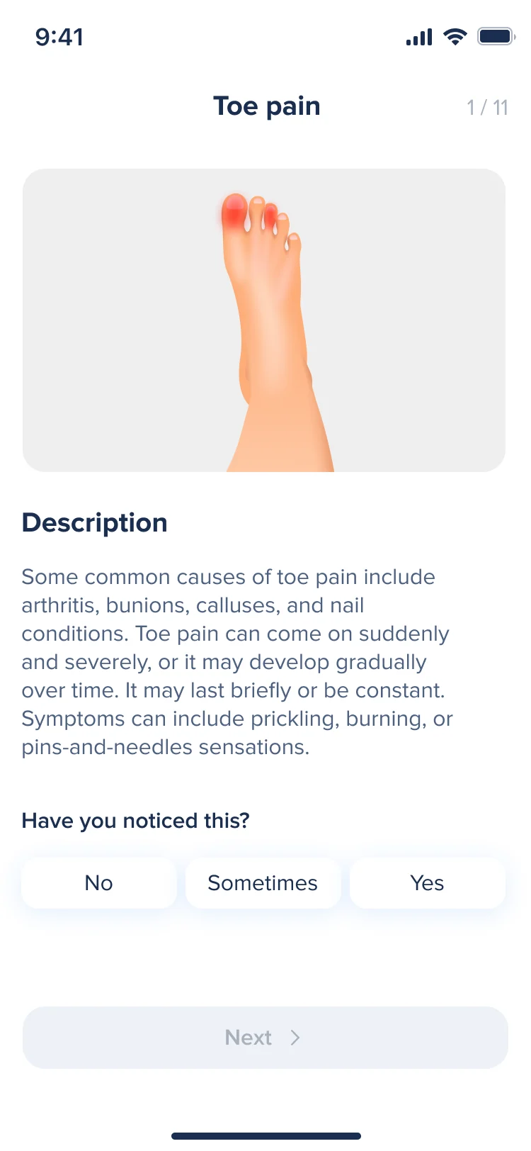 Hike pain question 1 of 11, toe pain: a foot with the toes marked red, a description of common causes and symptoms, and No, Sometimes and Yes above a disabled Next