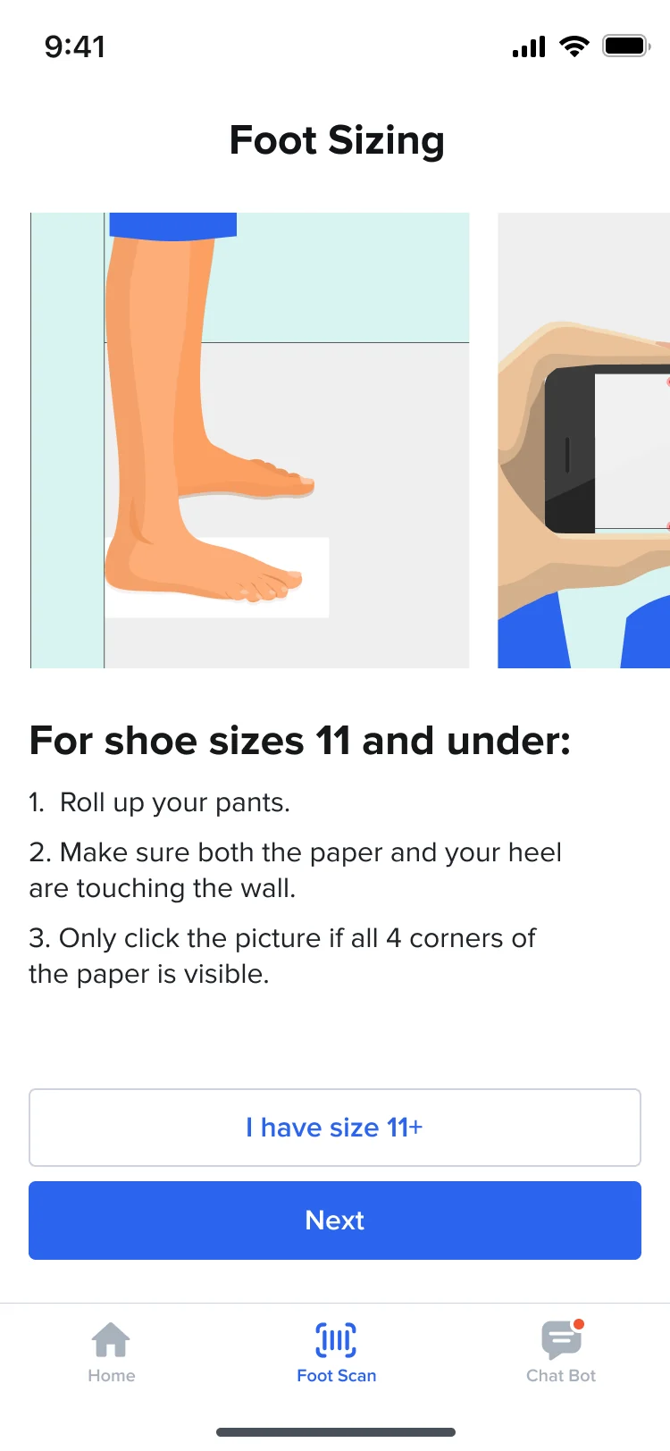 Hike foot sizing: an illustration of a foot on paper against a wall, three steps for shoe sizes 11 and under, and I have size 11+