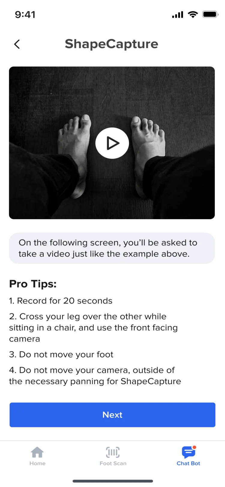 Hike video instructions: an example clip of both feet and pro tips, record for 20 seconds, keep the foot and camera still