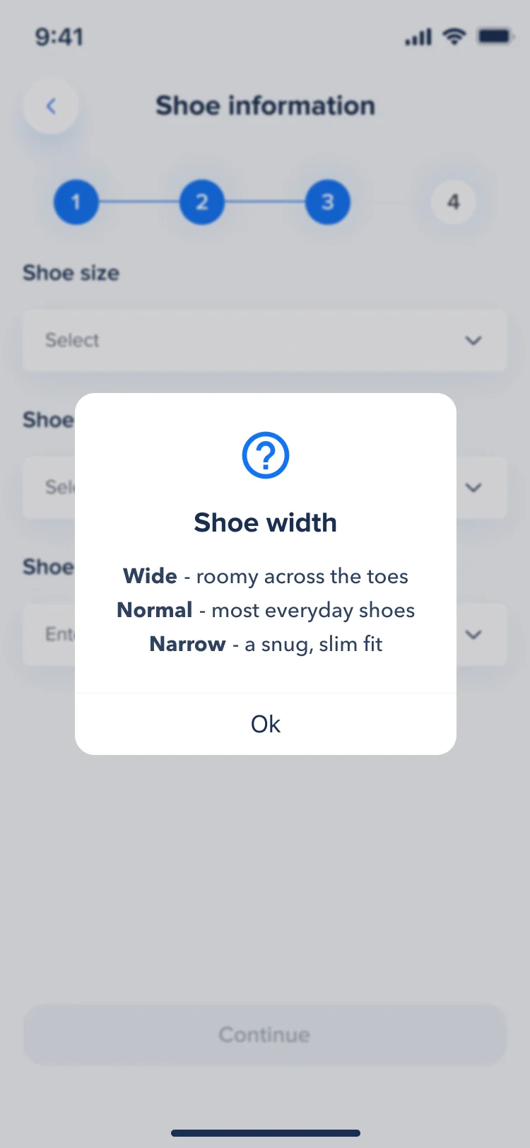 Hike shoe width help: a dialog explaining wide, normal and narrow over the shoe information step