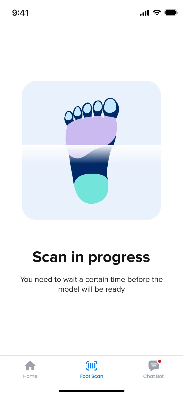 Hike scan in progress: the foot map with a scanning line and a note to wait before the model is ready