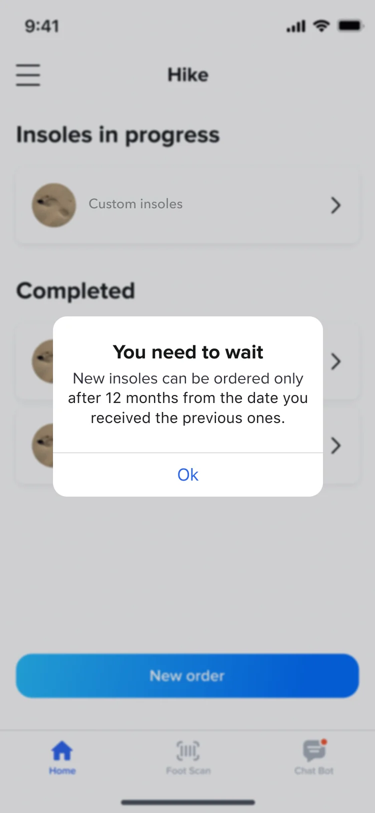Hike dialog: You need to wait, new insoles can be ordered only 12 months after the previous ones were received
