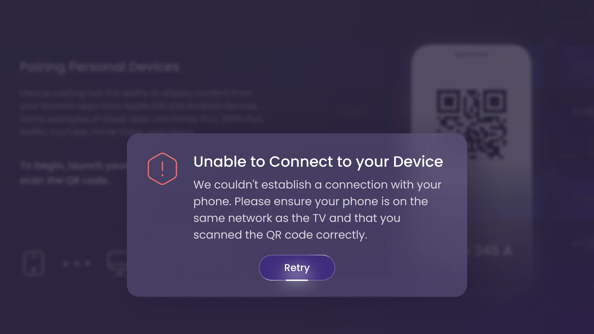 LifeVue dialog Unable to Connect to your Device: an explanation to check the phone is on the same network and the QR code was scanned, and a Retry button