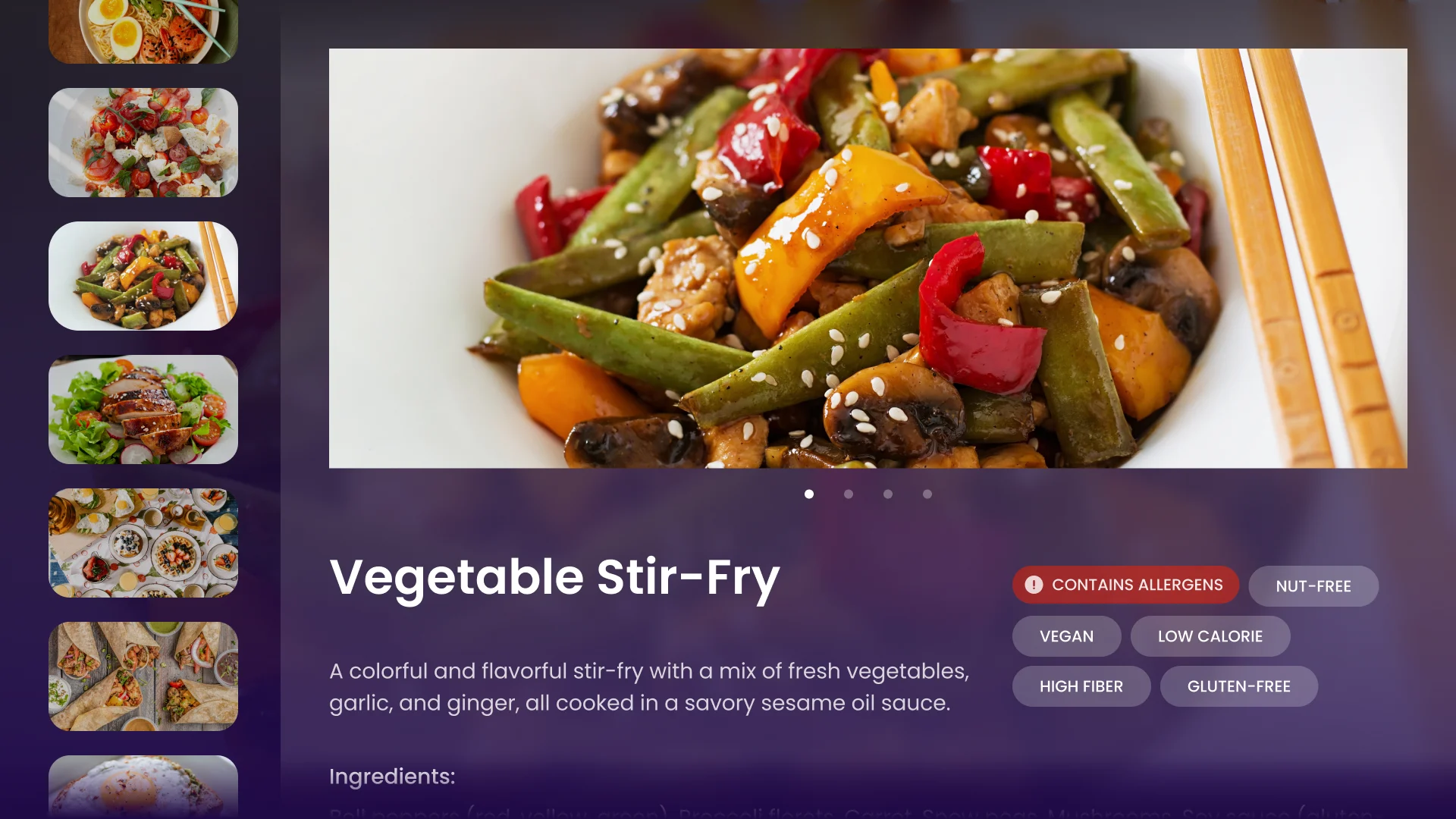 LifeVue dish details: the photo and tags, then ingredients, allergen information, recommendations and contraindications