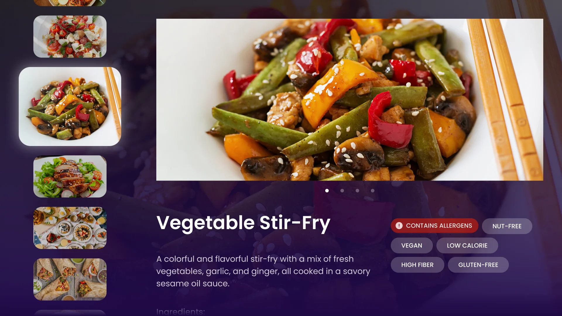 LifeVue Dining: a column of dish thumbnails, a large photo of a vegetable stir-fry, its description and tags such as Contains Allergens, Nut-Free and Vegan