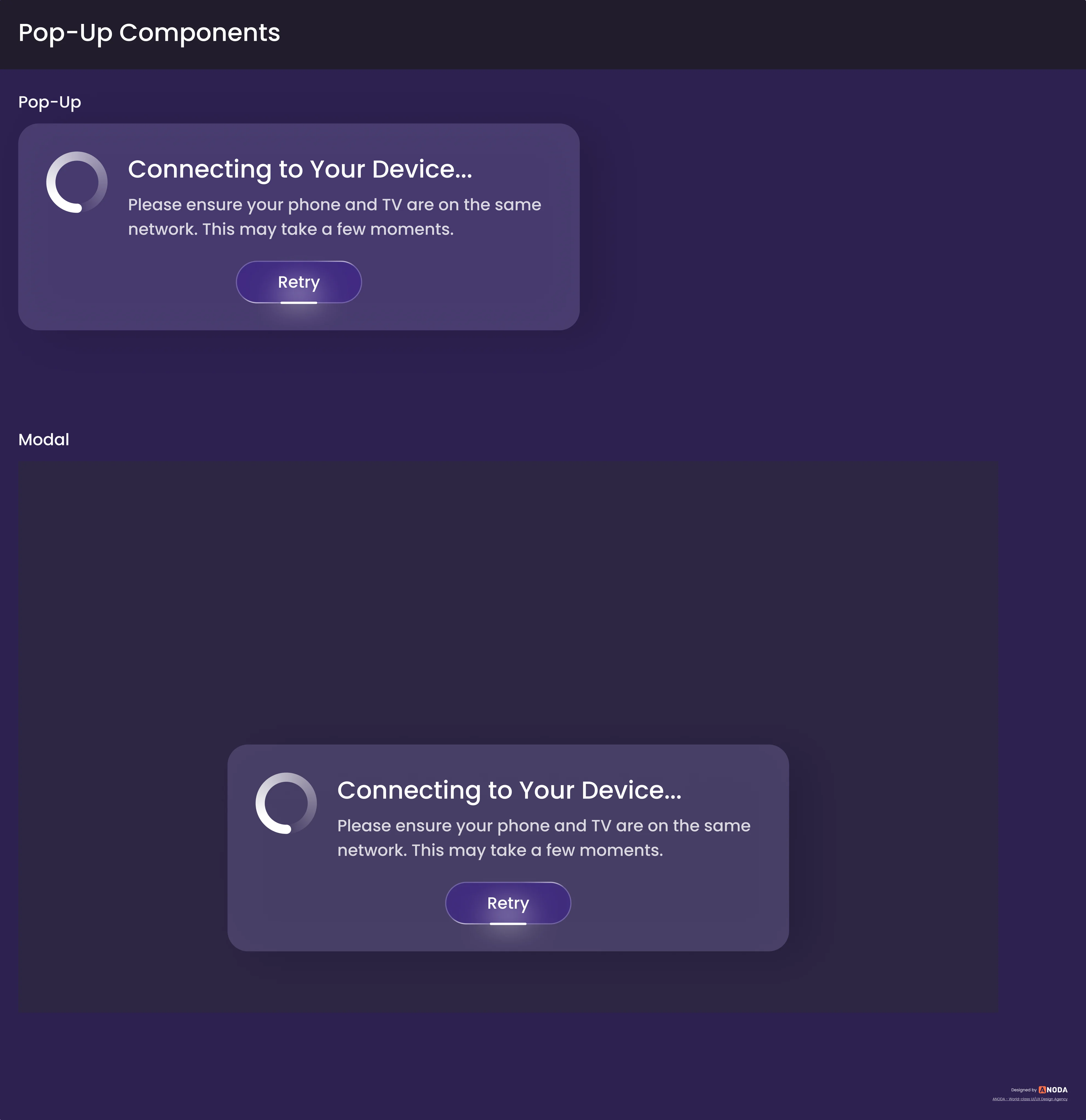 LifeVue design system, Pop-Up Components: a Connecting to Your Device dialog with a spinner and a Retry button, shown alone and as a modal
