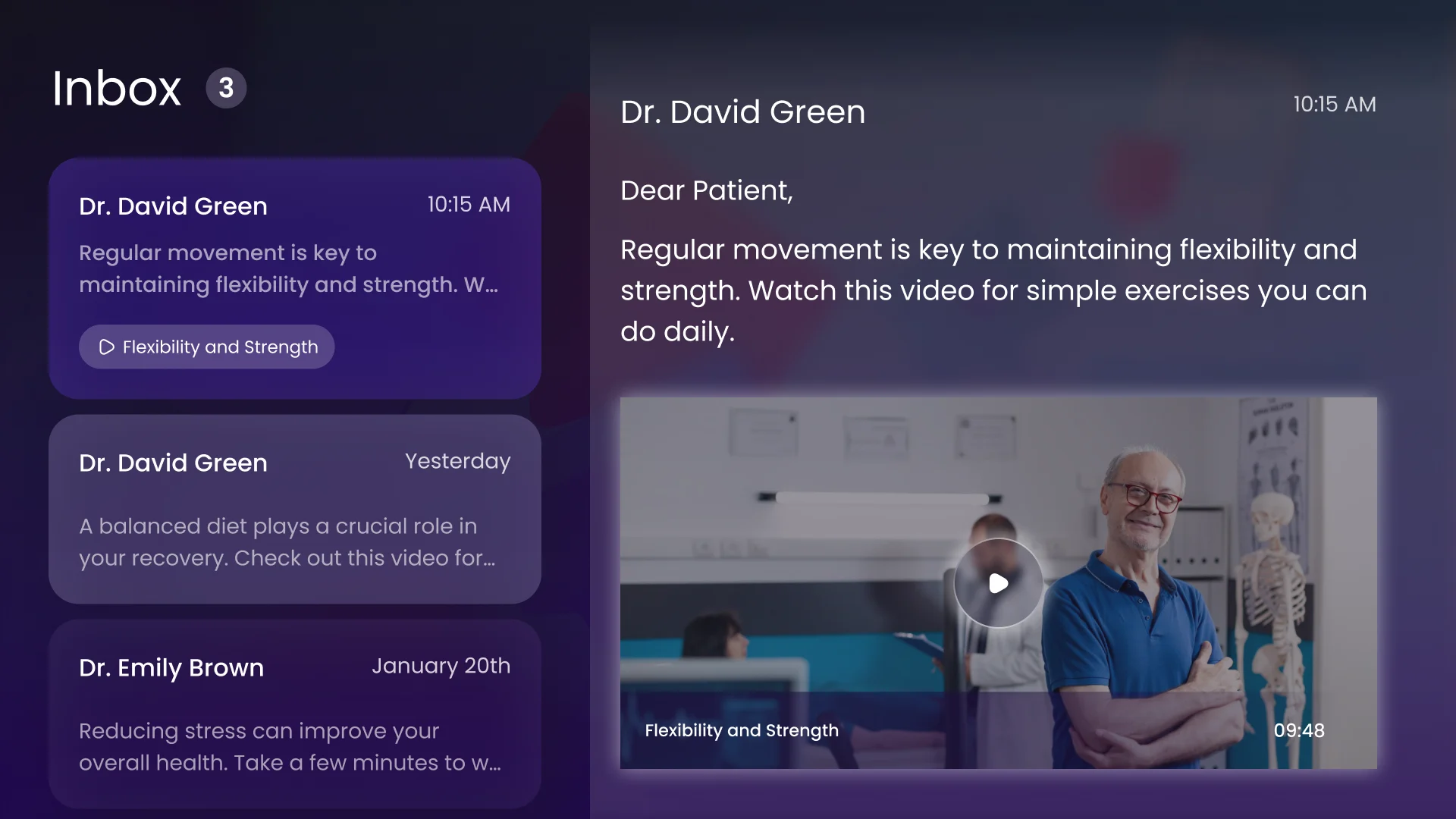 LifeVue Inbox with three messages: a list of senders on the left and the open message from a doctor on the right, with a video