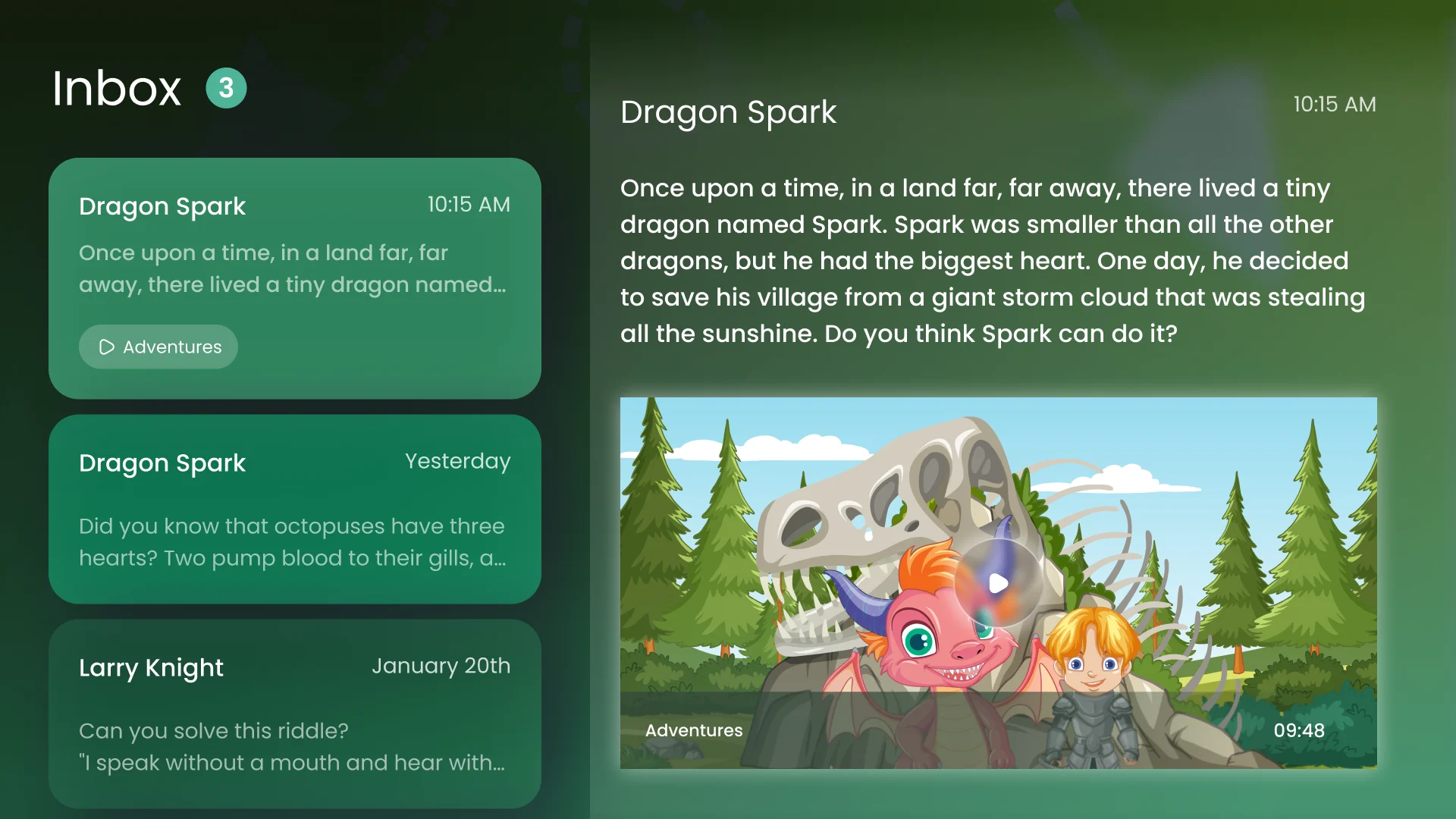 LifeVue Kids Inbox: three messages and an open story about a small dragon with an illustration
