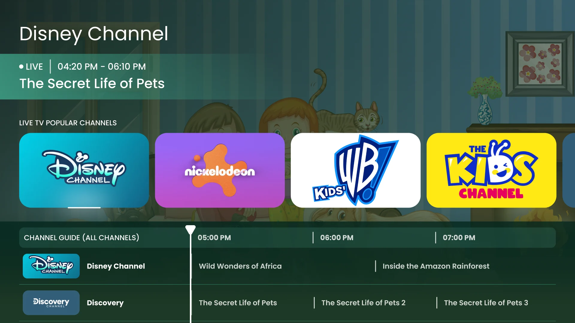 LifeVue Kids Live TV: Disney Channel in the preview, a row of children’s channels and a channel guide