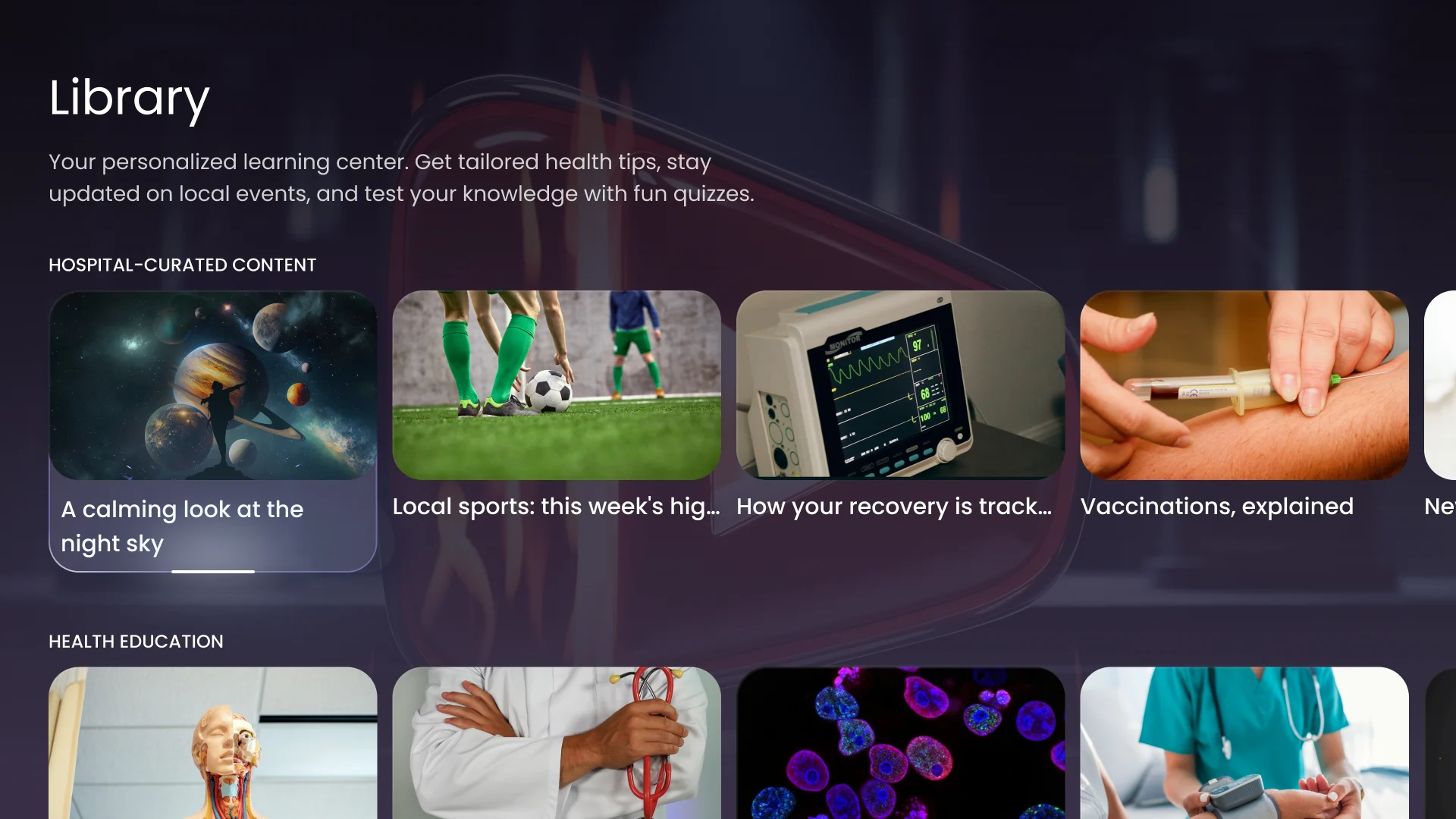 LifeVue Library: an introduction and a row of Hospital-curated content tiles, with the first tile in focus and a Health education row below