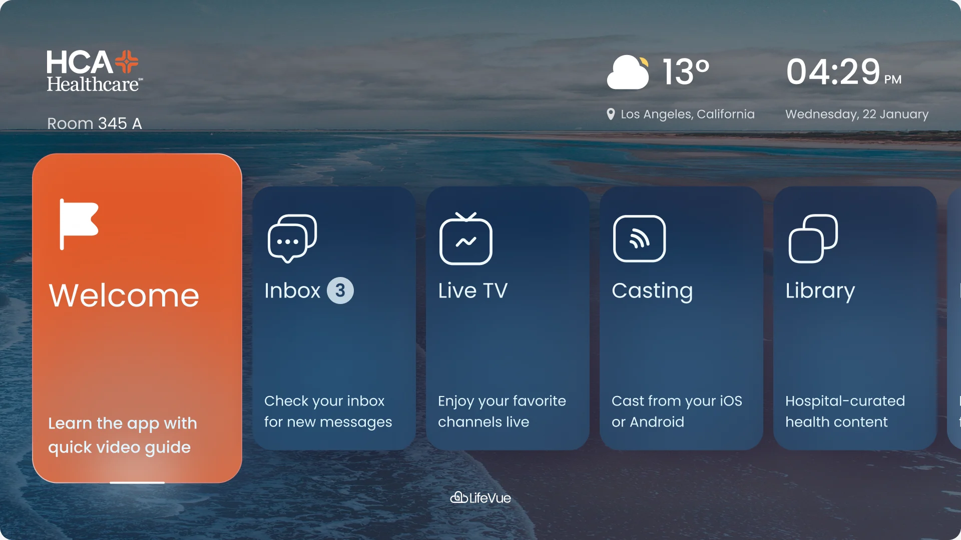 LifeVue home hub in the HCA Healthcare theme: an orange Welcome card over a blue seascape