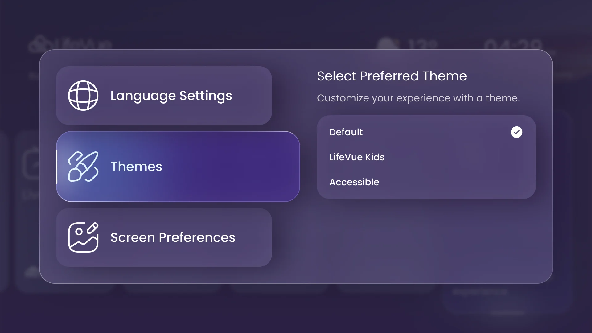 LifeVue Settings, Themes: a list of themes with Default selected, LifeVue Kids and Accessible