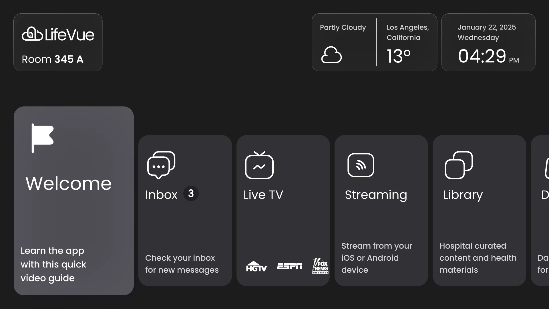 The home hub as a grayscale wireframe: the logo and room number, the weather and time, and the Welcome, Inbox, Live TV, Streaming and Library cards