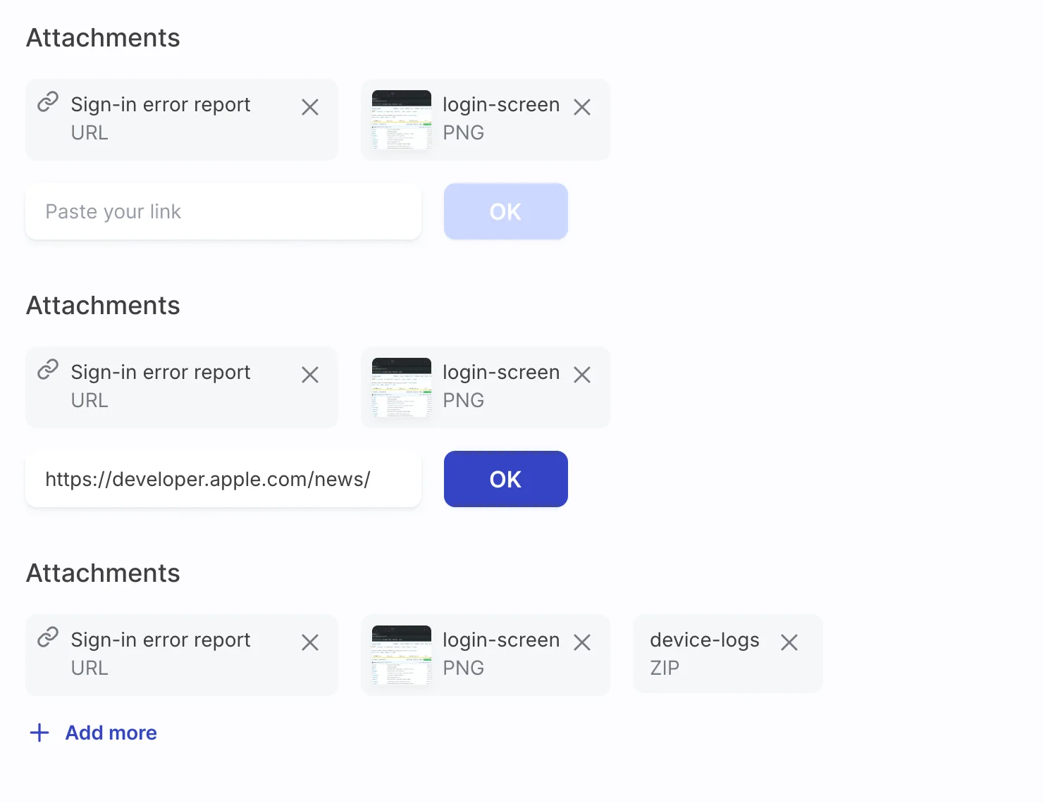 Three states of the Attachments block: an empty Paste your link field with a disabled OK, a pasted link with OK enabled, and a new device-logs ZIP next to the report link and the screenshot