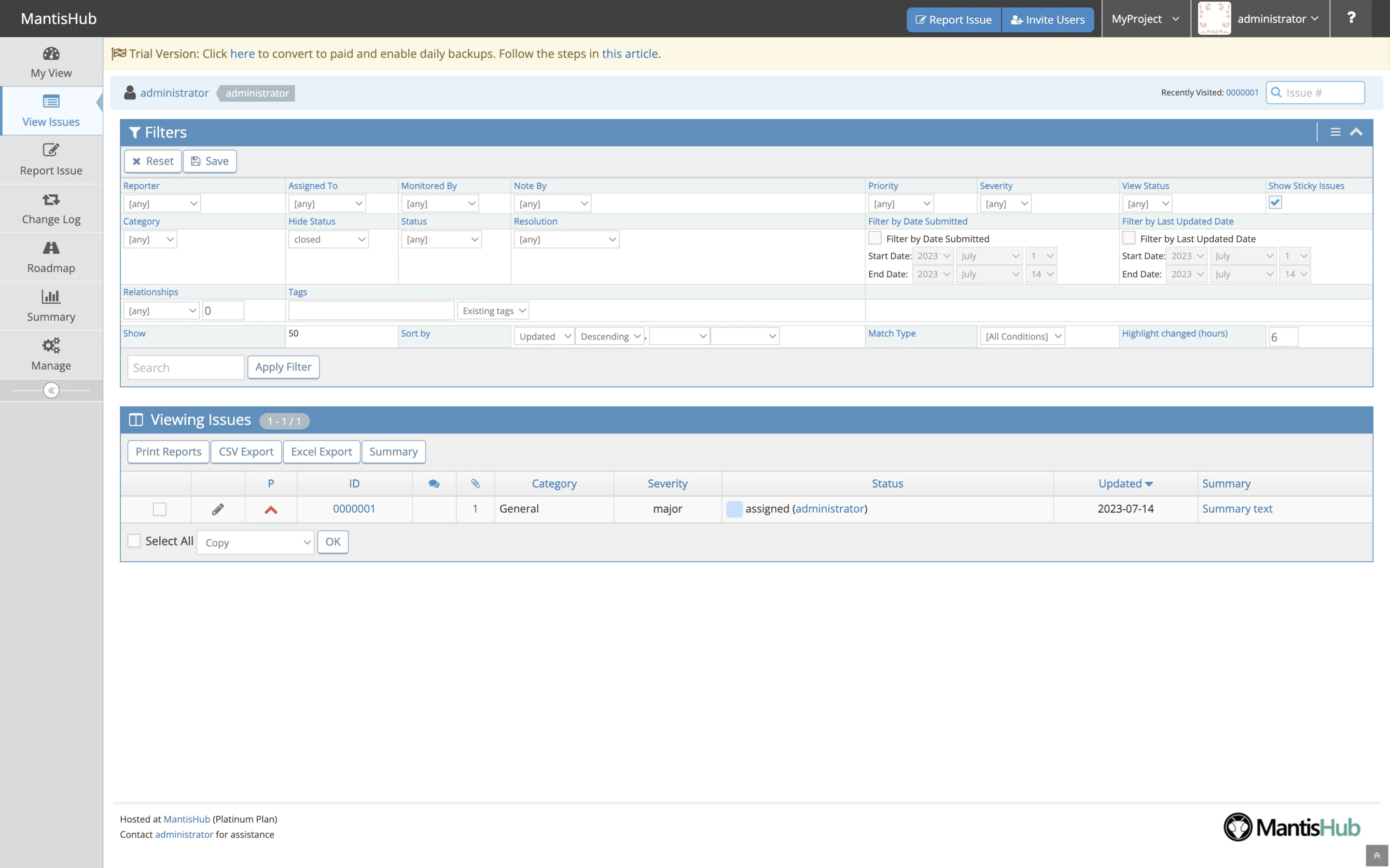 The earlier MantisHub View Issues page: a trial banner, a grid of about twenty filter fields, then the issue table with a single issue and export buttons
