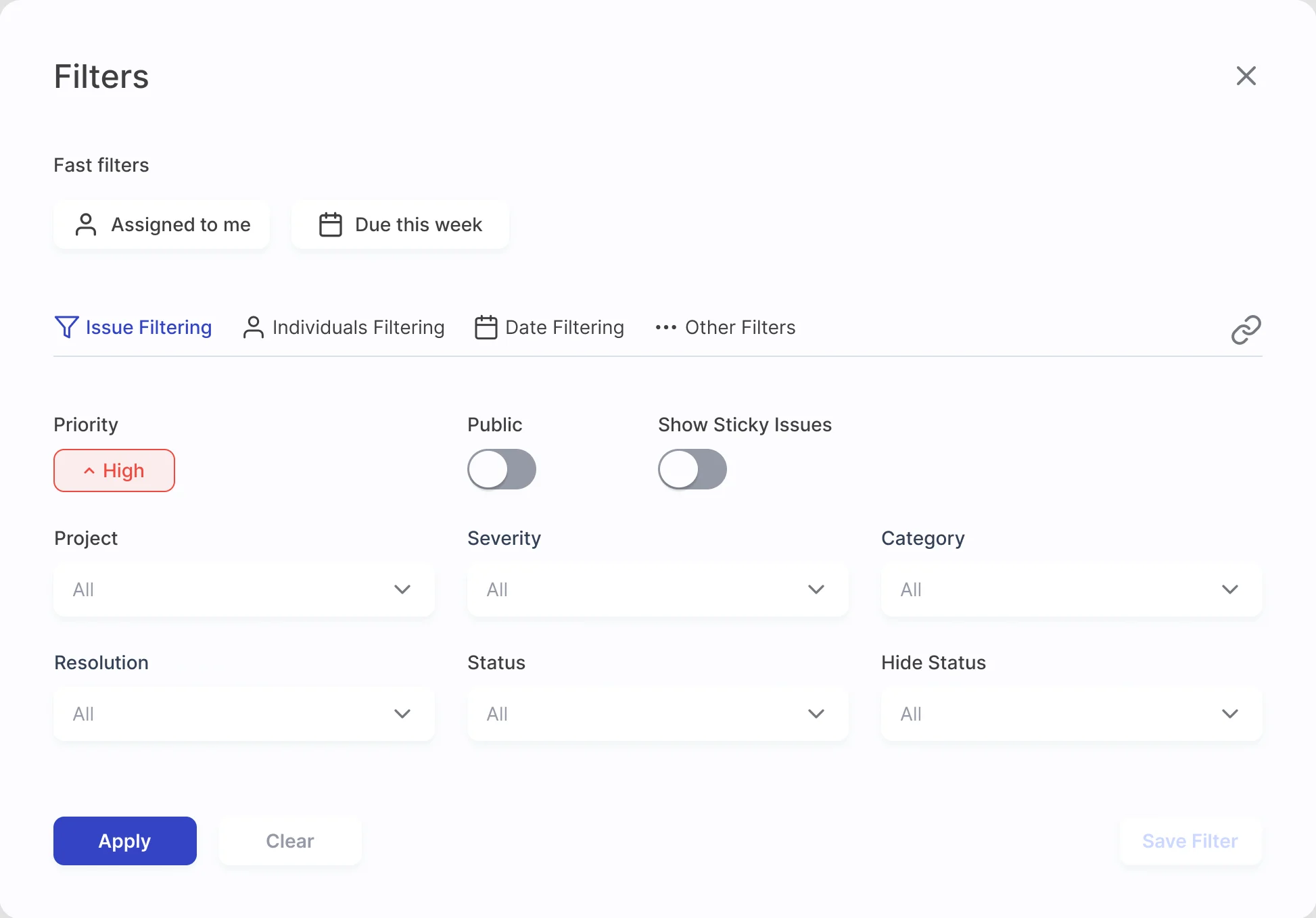 Filters panel on the Issue Filtering tab: fast filters Assigned to me and Due this week, priority set to High, Public and Show Sticky Issues switches, and selects for project, severity, category, resolution, status and hide status