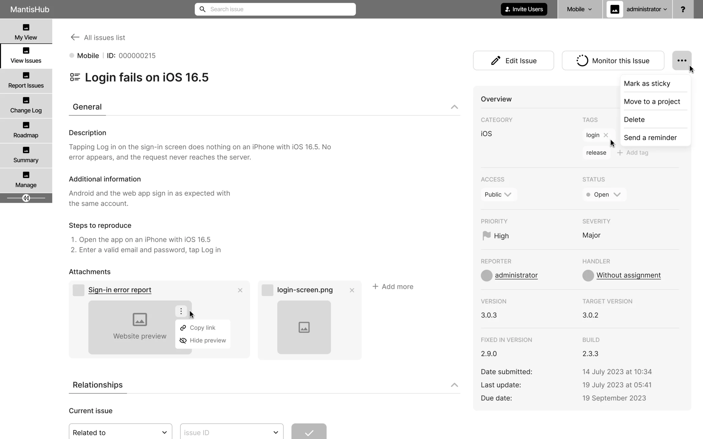 Wireframe of an issue page: back to all issues, project and ID, the title, description, additional information, steps to reproduce, attachments with a website preview and relationships, and the overview with category, tags, access, status, priority, severity, people and versions
