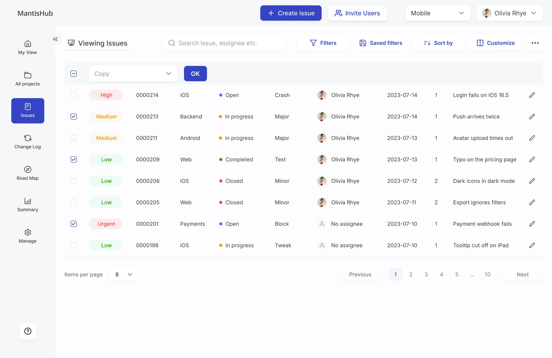 Redesigned MantisHub issue list: the top bar with Create Issue and the project switcher, search, Filters, Saved filters, Sort by and Customize, a group action bar for the selected issues, and eight issues with priority chips, status dots, severity, assignees, dates and summaries