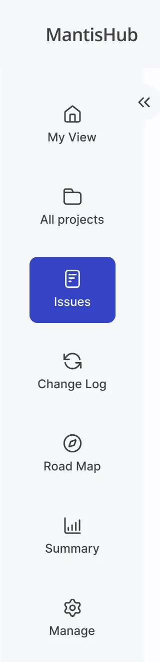 The redesigned MantisHub side menu: My View, All projects, Issues, Change Log, Road Map, Summary and Manage, with Issues selected