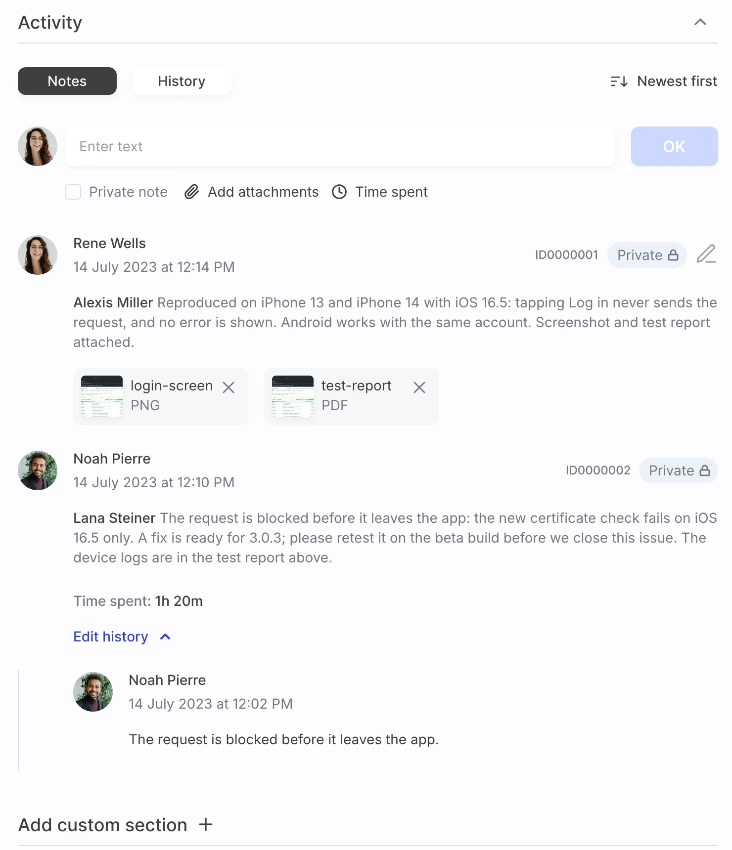 Activity block on the Notes tab: the note field with Private note, Add attachments and Time spent, then two private notes with mentions, attachments, time spent and an expanded edit history