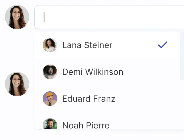 People picker open under the note field, with Lana Steiner checked, then Demi Wilkinson, Eduard Franz and Noah Pierre